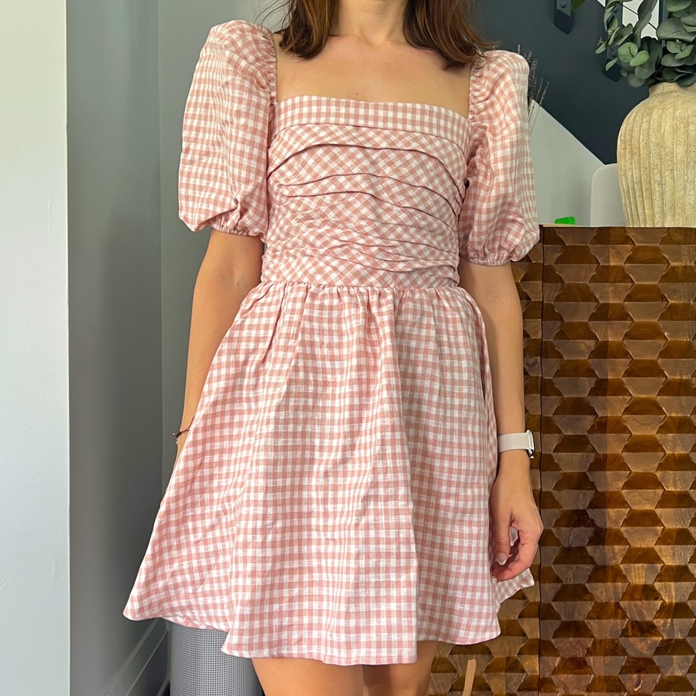 Reformation Zula Linen Dress Blush Check - Size 2